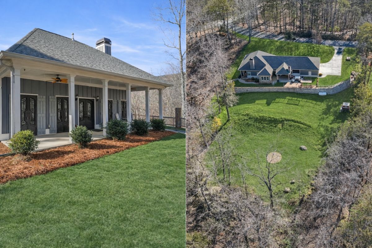 106 Osage Ct Lake Arrowhead luxury home in Waleska GA with front exterior and aerial yard view