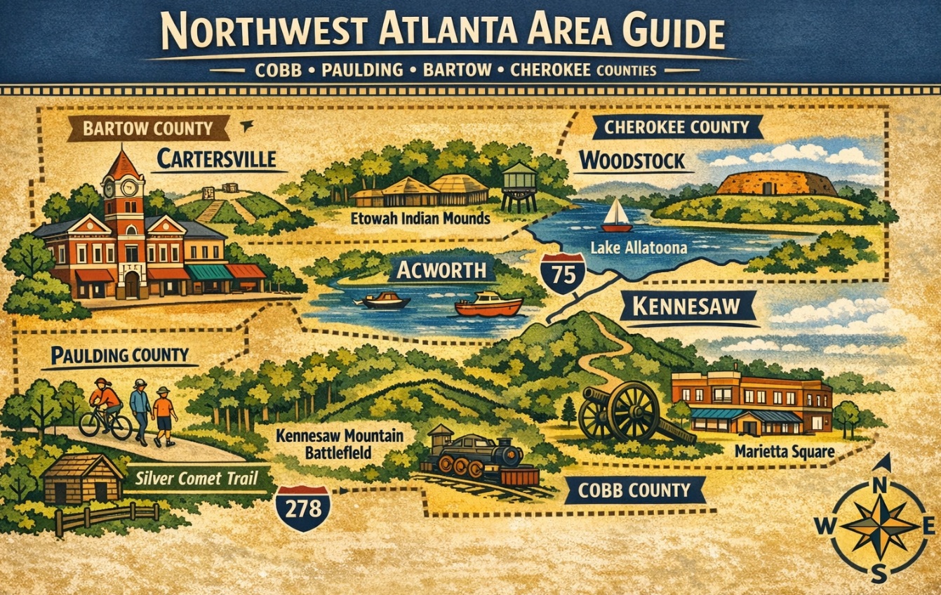Illustrated map of Northwest Atlanta communities including Cartersville, Woodstock, Acworth, Kennesaw, Marietta, and Dallas across Bartow, Cherokee, Cobb, and Paulding counties