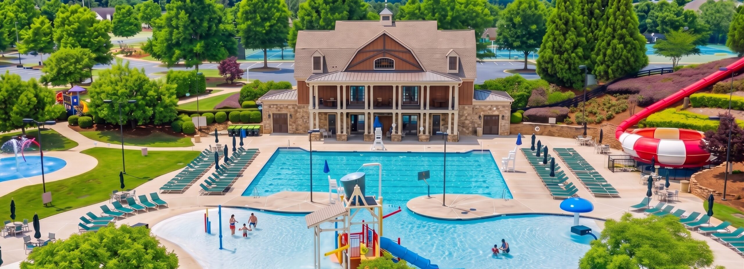 Seven Hills Dallas GA main pool area with tennis courts in background