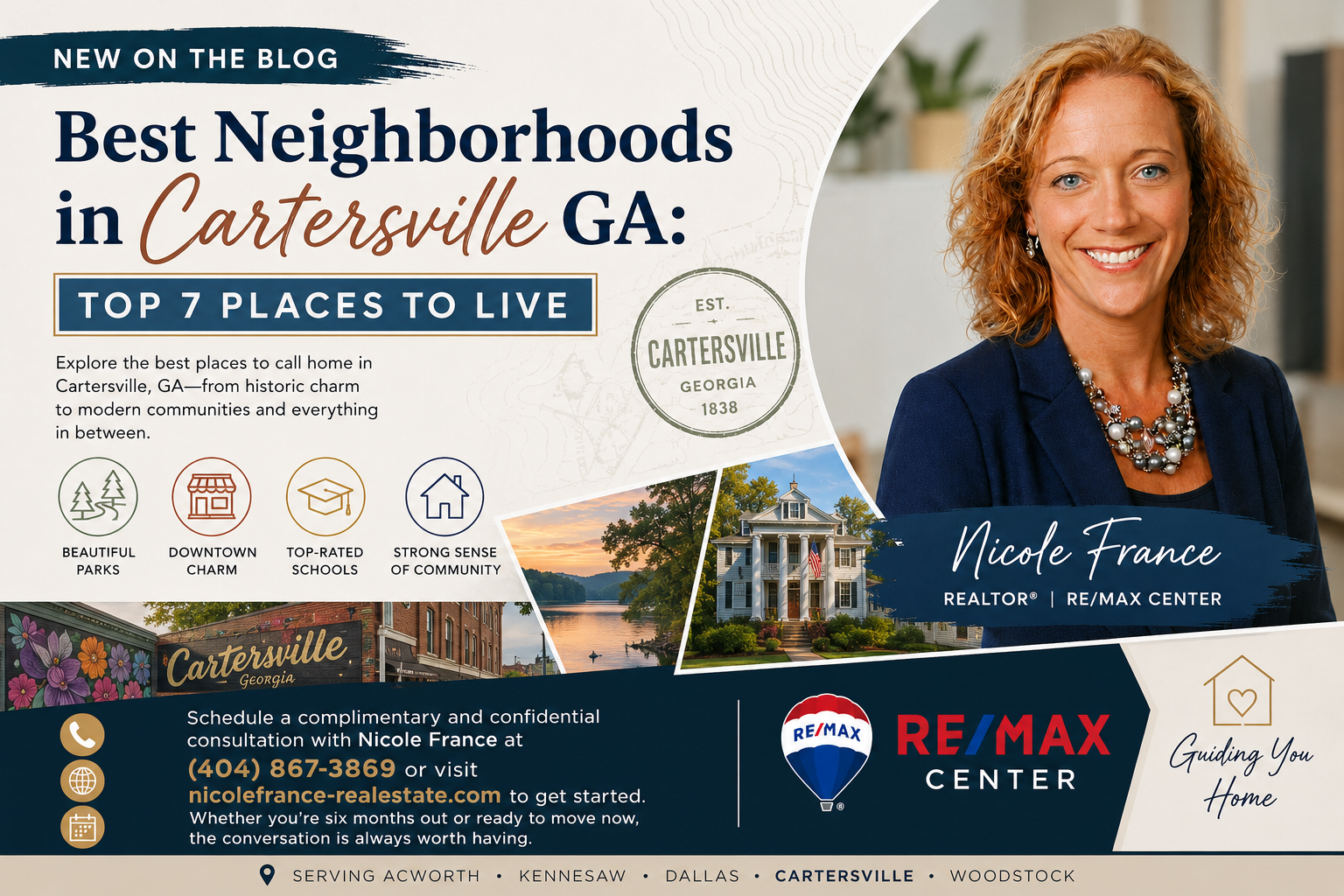 Aerial view of Cartersville Georgia neighborhood near Lake Allatoona and Red Top Mountain
